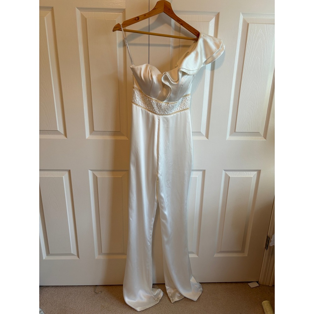 Rachel Allan LBD White Satin One Shoulder Ruffle Beaded Jumpsuit Size 4 NWT